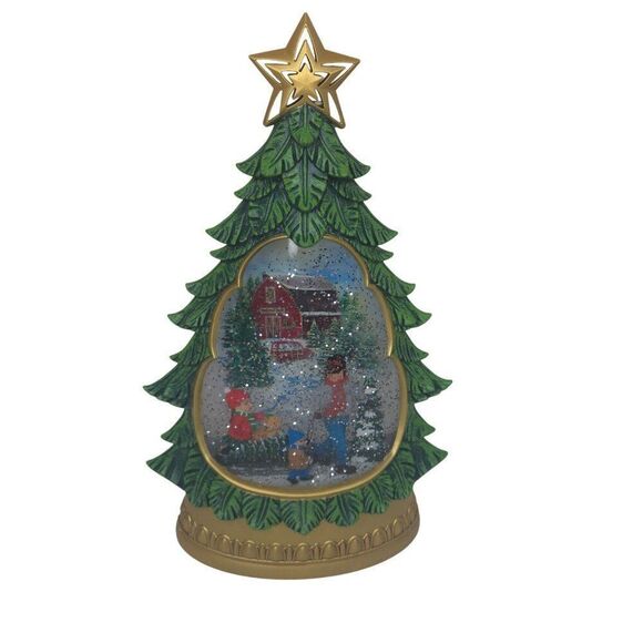 Christmas Tree Snow Globe Glitter Illuminated Barn Scene LED Lights - Picture 1 of 4